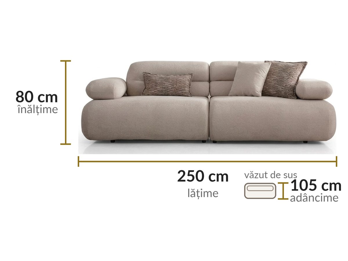 Dimensiuni: lățime 250 cm, adâncime 105 cm, înălțime 80 cm