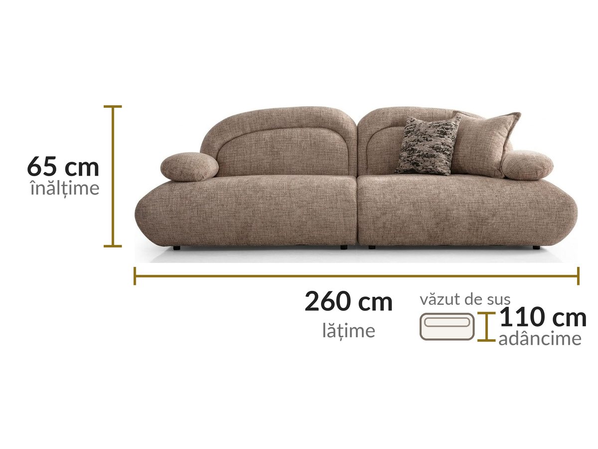 Dimensiuni: lățime 260 cm, adâncime 110 cm, înălțime 65 cm