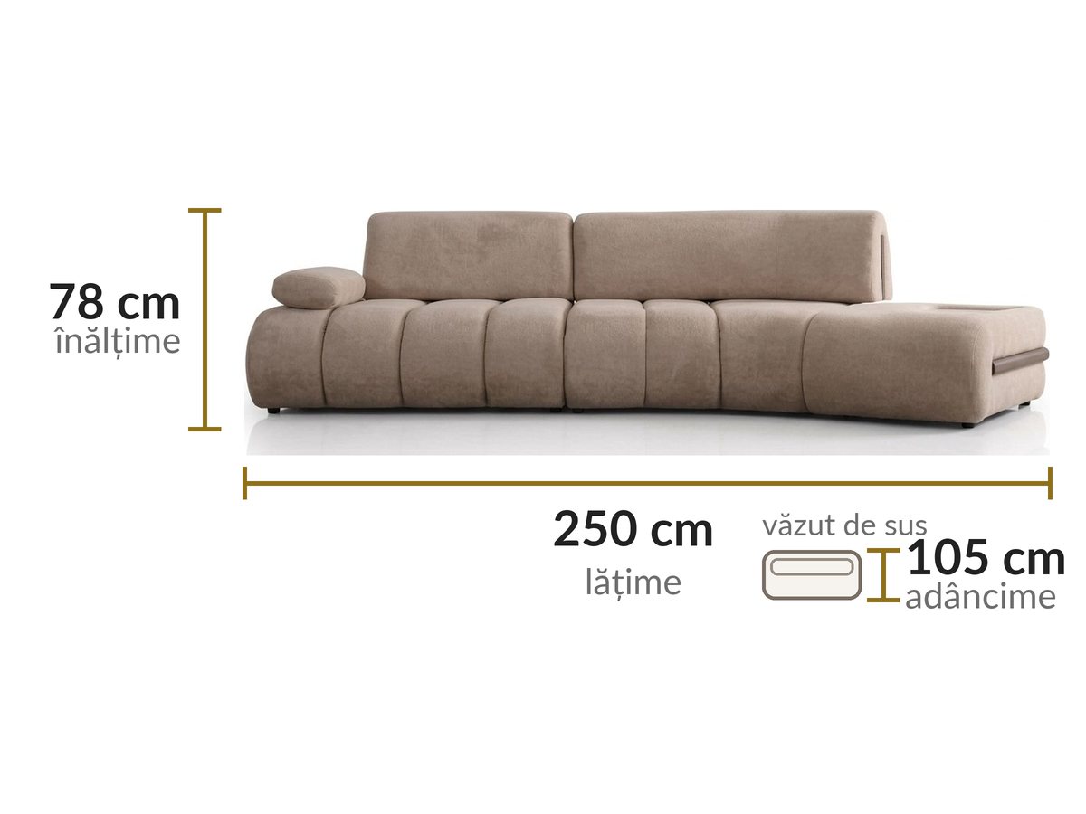 Dimensiuni: lățime 250 cm, adâncime 105 cm, înălțime 78 cm