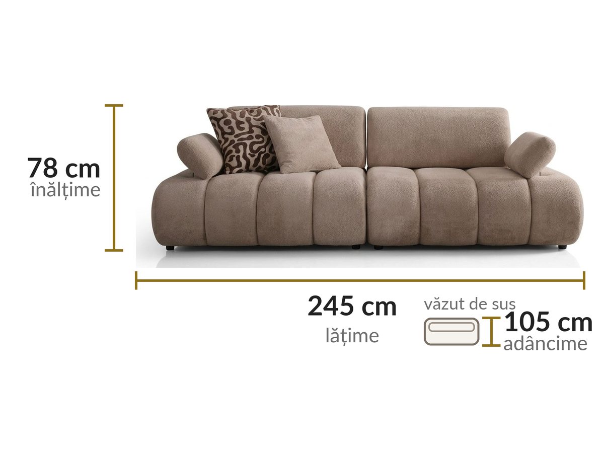 Dimensiuni: lățime 245 cm, adâncime 105 cm, înălțime 78 cm