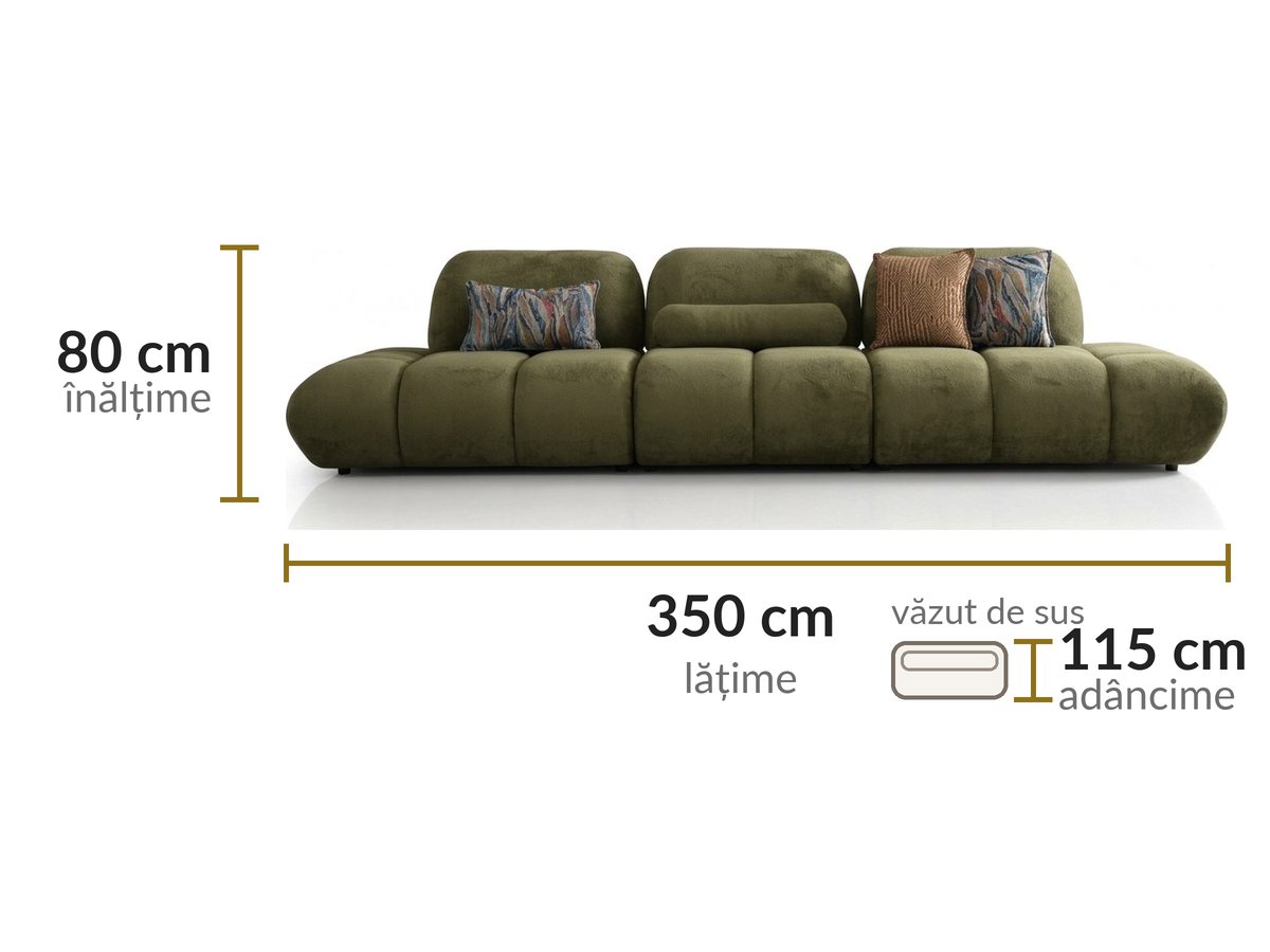 Dimensiuni: lățime 350 cm, adâncime 115 cm, înălțime 80 cm