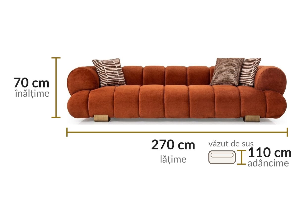 Dimensiuni: lățime 270 cm, adâncime 110 cm, înălțime 70 cm