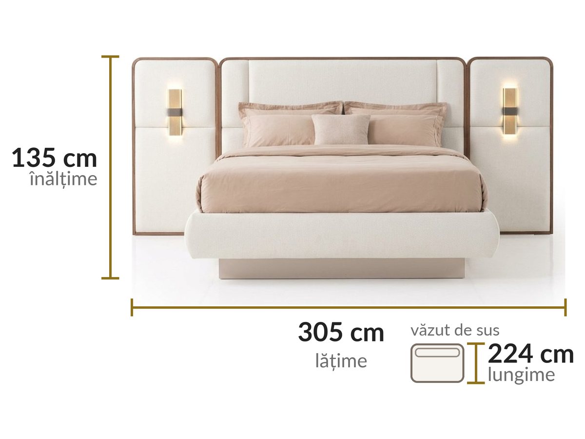Dimensiuni: lățime 305 cm, lungime 224 cm, înălțime 135 cm