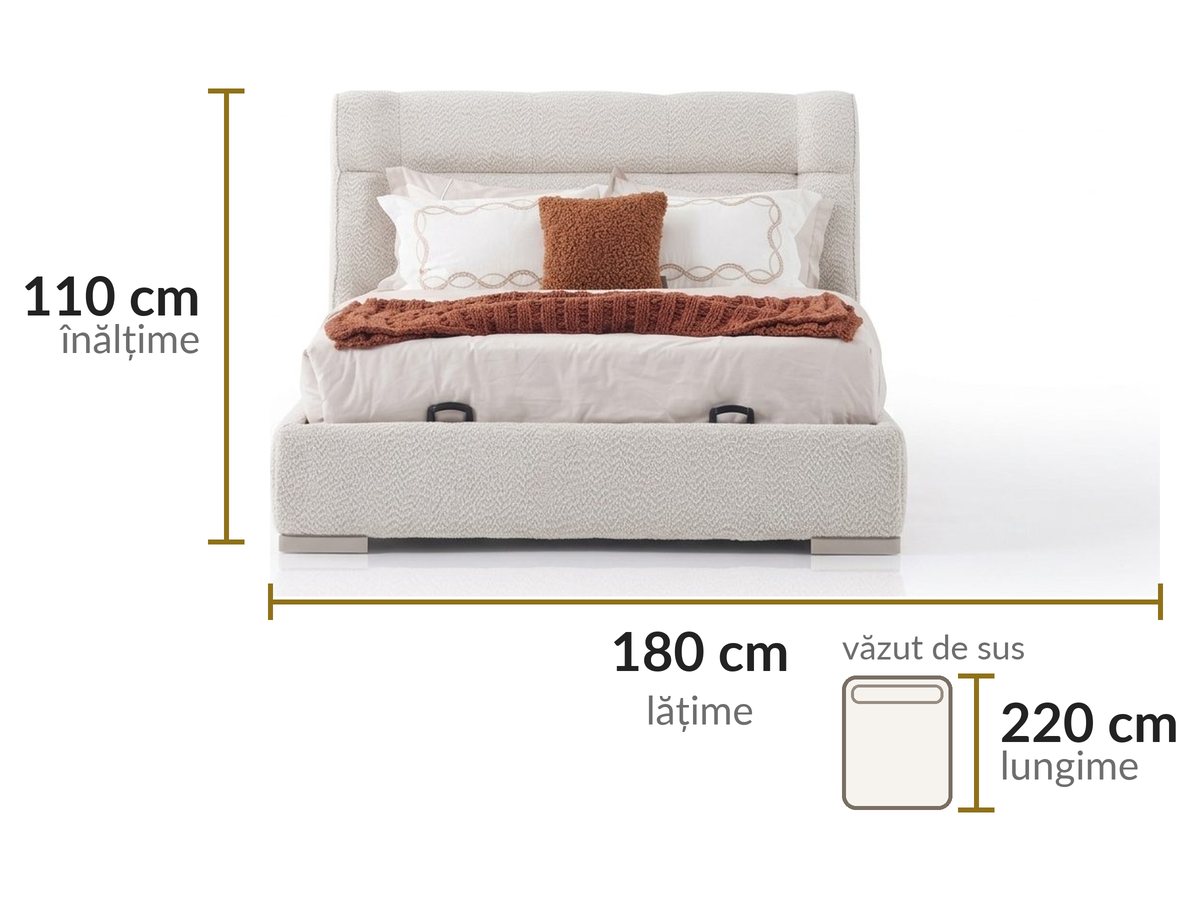 Dimensiuni: lățime 180 cm, lungime 220 cm, înălțime 110 cm