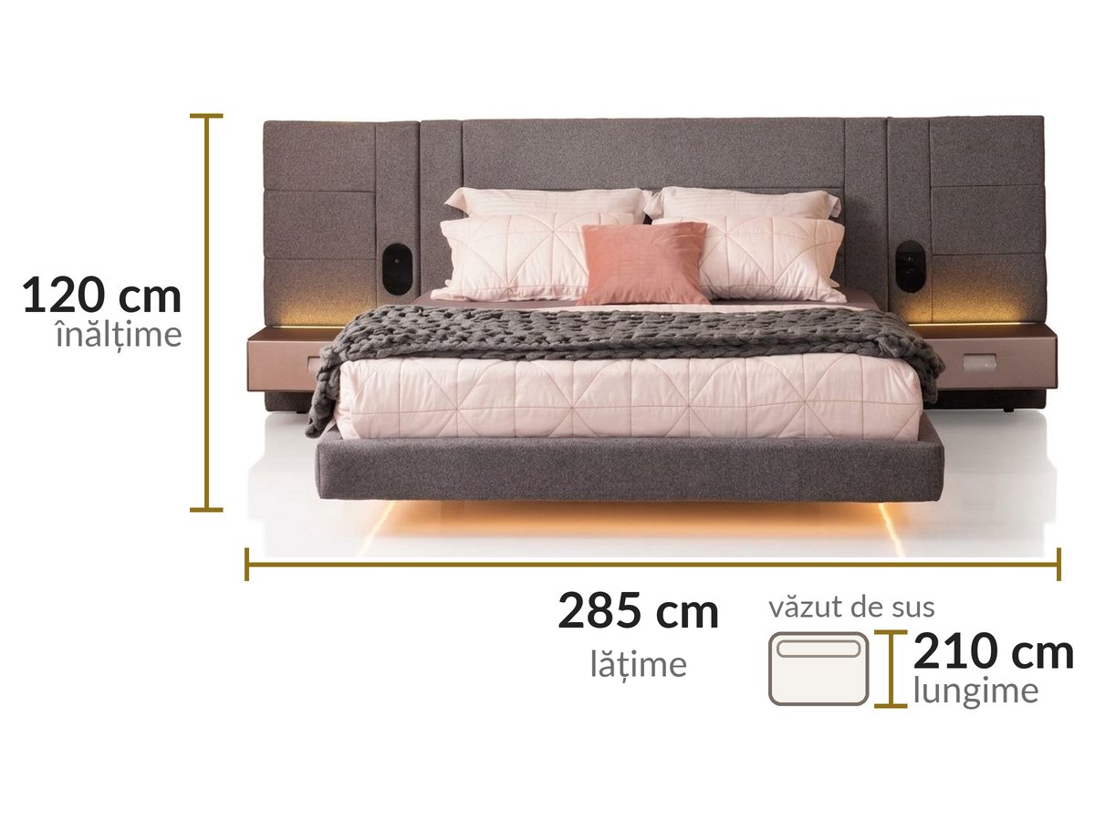 Dimensiuni: lățime 285 cm, lungime 210 cm, înălțime 120 cm