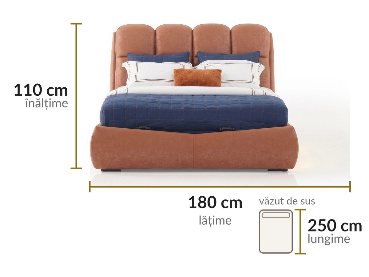 Dimensiuni: lățime 180 cm, lungime 250 cm, înălțime 110 cm