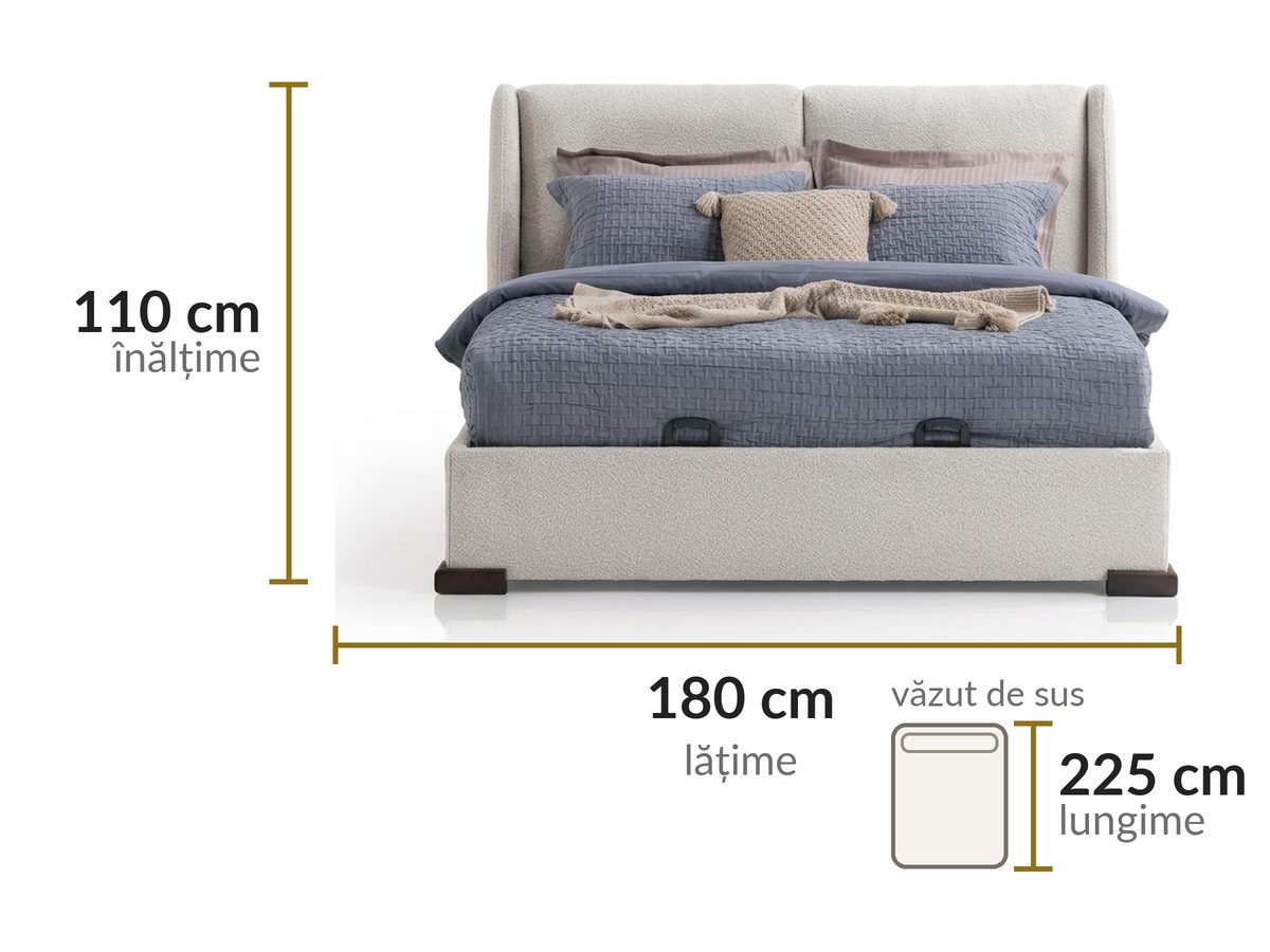 Dimensiuni: lățime 180 cm, lungime 225 cm, înălțime 110 cm